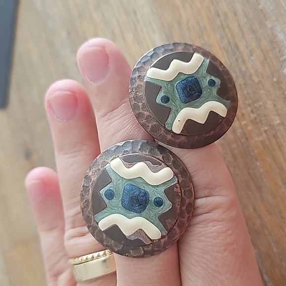 Geometric-Themed Western Indian Brass Earrings with Antique Finish - Picture 3 of 3